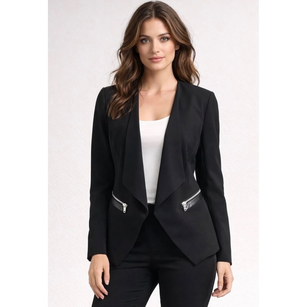 HM Black‎ Drape Front Blazer Jacket Faux Leather Trim Zipper Detail Size 10